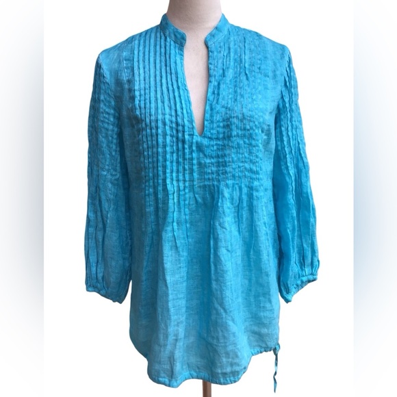 120% Lino Turquoise Blue Poet Blouse Size 42 - Picture 1 of 8